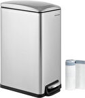 SONGMICS mutfak çöp kutusu, 48 litre, dar, çöp kutusu, dar alanlar için pedallı çöp kutusu, yavaş kapanan kapaklı ve iç kovalı mutfak çöp kutusu, paslanmaz çelik, 15 çöp torbası dahil, gümüş 