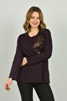 Detay Triko Kadın Bisiklet Yaka Desenli Uzun Kol Bluz 4524 Mor