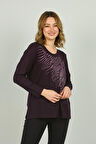 Detay Triko Kadın Desenli Uzun Kol Bluz 4541 Mor