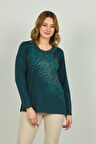 Detay Triko Kadın Desenli Uzun Kol Bluz 4541 Zümrüt