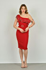 Dans Kadın Tek Omuz Detaylı Fırfırlı Abiye Elbise 1552 Kırmızı