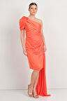 Saygın Kadın Tek Omuz Detaylı Yandan Kuyruklu Abiye Elbise 3474 Şeftali