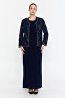 Güzelyalı Kadın Büyük Beden Taş İşlemeli Uzun Abiye Takım 1047 Lacivert