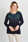 Detay Triko Kadın Taş Detaylı Desenli Yanları Yırtmaçlı Uzun Kol Anne Bluz 5741 Lacivert