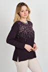 Detay Triko Kadın Taş Detaylı Desenli Yanları Yırtmaçlı Uzun Kol Anne Bluz 5741 Mürdüm
