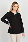 Detay Triko Kadın V Yaka ve Yakası Taş Detaylı Uzun Kollu Anne Bluz 5711 Siyah