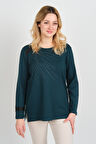 Detay Triko Kadın Taş İşlemeli Bisiklet Yaka Yanları Yırtmaçlı Anne Bluz 5750 Zümrüt
