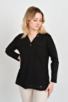 Detay Triko Kadın V Yaka ve Yakası Taşlı Yanları Yırtmaçlı Anne Bluz 5733 Siyah