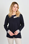 Detay Triko Kadın Boncuk Süslemeli Bisiklet Yaka Yanları Yırtmaçlı Anne Bluz 5723 Lacivert