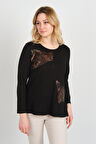 Detay Triko Kadın Boncuk İşlemeli Parlak Desenli Uzun Kol Anne Bluz 5744 Siyah