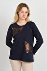 Detay Triko Kadın Boncuk İşlemeli Parlak Desenli Uzun Kol Anne Bluz 5744 Lacivert