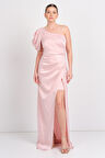 Saygın Kadın Tek Omuz Saten Maxi Abiye Elbise 5643 Pudra