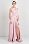Saygın Kadın Halter Yaka ve Yakası Taş Detaylı A Kesim Maxi Abiye Elbise 5619 Pudra