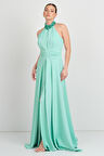 Saygın Kadın Halter Yaka ve Yakası Taş Detaylı A Kesim Maxi Abiye Elbise 5619 Mint