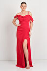 Saygın Kadın İp Askılı Drapeli Yırtmaçlı Uzun Abiye Elbise 5625 Kırmızı