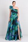 Saygın Kadın Tek Omuz Desenli Maxi Abiye Elbise 5632 Yeşil