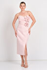 Balen Kadın Straplez Krep Kumaş Gül Detaylı Midi Abiye Elbise 5103 Pudra