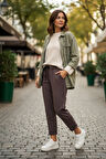 Sy & Black Kadın Çelik Örgü Beli Lastikli ve Bağcıklı Geniş Beden Aralıklı Jogger Pantolon 25P-03 Füme