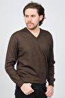 Woolen World Erkek V Yaka Desenli Yün Kazak 5597802 Kahverengi