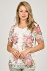 Ella Camelia Kadın Çiçek Desenli Penye Bluz 501202023 Ekru