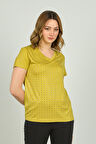 Ella Camelia Kadın Ön Kısım Parlak Taş İşlemeli V Yaka Kısa Kol Bluz 20E007 Limon Küfü