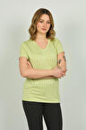Ella Camelia Kadın Ön Kısım Parlak Taş İşlemeli V Yaka Kısa Kol Bluz 20E007 Limon
