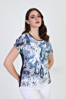 Ella Camelia Kadın Desenli Kısa Kol Bluz 19E034 Lacivert