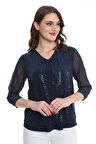 Ella Camelia Kadın Kolları Tül Detaylı Bluz 19E040 Lacivert