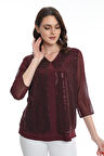 Ella Camelia Kadın Kolları Tül Detaylı Bluz 19E040 Bordo