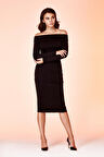 Siyah Fitted/vücuda Oturan Carmen Yaka Uzun Kol ve Omuzları Açık Esnek Premium Örme Midi Elbise 1100152