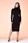 Siyah Fitted/vücuda Oturan Dik Yakalı Uzun Kol ve Yırtmaçlı Esnek Premium Örme Midi Elbise 1100751