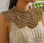 Gold Ahşap Boncuk Örme Şal Önlük Yaka Kolye Şık Abartılı Kadın Gerdanlık Kolye Vücut Aksesuarı