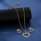 Gold Çelik Kalpli Kolye Küpe Kadın Hediyelik Set