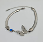 Kelebek Figürlü Gümüş Renk Çelik Bileklik – Nazar Detaylı, Ayarlanabilir Uzunluk (19+6 cm, 5 mm Zincir)