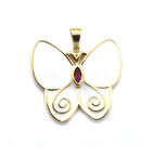 Altın Kaplama Kırmızı Taşlı Beyaz Kelebek Kolye Ucu