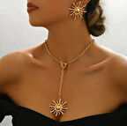 Gold Dekolte Güneş Kolye Küpe Set Şık Kadın Kolye Küpe Set