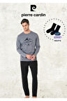 Erkek %100 Pamuk Uzun Kollu Desenli Siyah Pijama Takımı (2 Adet Hediye Çorap) L1.PC.6097.001