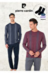 Erkek %100 Pamuk Uzun Kol Çizgi Detaylı Lacivert & Bordo İki Adet Pijama Takımı L1.PC.6105.002