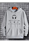 Kulaklık Baskılı Kapüşonlu Cepli Sweatshirt