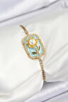 Dodes Dodes 316L Çelik Zincir Turkuaz Mineli Sanatsal Portre İnci Detaylı Papatya Model Gold Renk Kadın Bileklik TG27BB7230