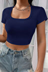 Dodes Kadın Lacivert Yarım Kol Düz Yaka Crop Top Bluz