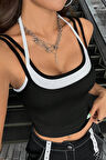 Dodes Kadın Beyaz Siyah Çift Renk Çapraz Askılı Crop Top Bluz
