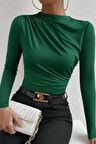 Dodes Kadın Yeşil Belden Ve Boyundan Büzgü Detaylı Uzun Kollu Bluz