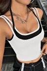 Dodes Kadın Siyah Beyaz Çift Renk Çapraz Askılı Crop Top Bluz