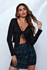 Dodes Kadın Siyah Uzun Kollu Önden Bağlama Detaylı Crop Top Bluz