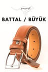Parscraft Battal Boy / Büyük Beden / Uzun Boy XXL 3,5 cm Taba Klasik Erkek Hakiki Deri Kemer