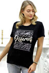 Baskılı Crystal Taşlı Bisiklet Yaka Büyük Beden Kadın T-shirt