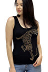 Leopar Crystal Taş Baskılı Dar Kesim / Slim Fit Pamuk Kadın Kolsuz Tshirt Kalın Askılı Atlet