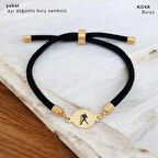 Aşk Dolu Siyah Örgülü ve 14 Ayar Altın Plakalı Yuvarlak Figürlü Şubat Bilekliği