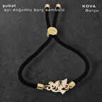 Romantik ve Zarif İşçilikli Kuş Motifli Siyah Örgülü ve 14 Ayar Altın Plakalı Şubat Bilekliği